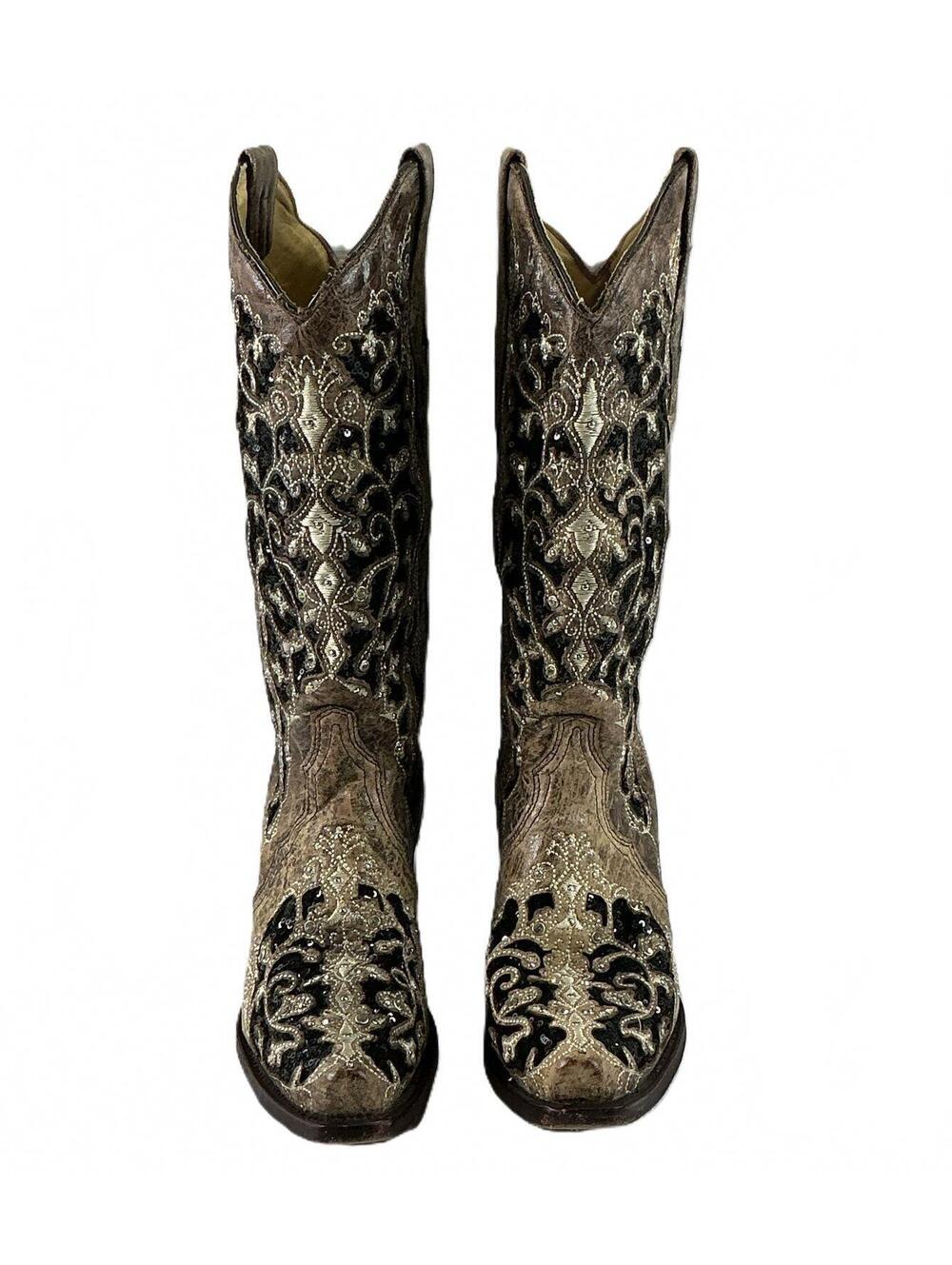 Corral Glitter Inlay Snip Toe Distressed Brown Western Cowboy Boots Size 9 M